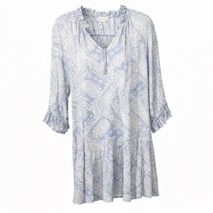 MOMNI Blue White Paisley Print Tiered Ruffle Neck Long Sleeve Mini Dress L